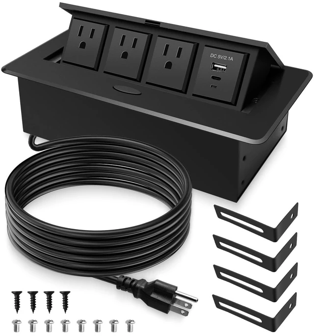 Main image of Pop Up Conference Table Power Outlet with Type-C PD18W, USB A, 3 AC Outlets 45° Pop-Up Desktop Power Hub with PD18W Type-C, USB A & 3 AC Outlets for Office, Conference Room and Home Use