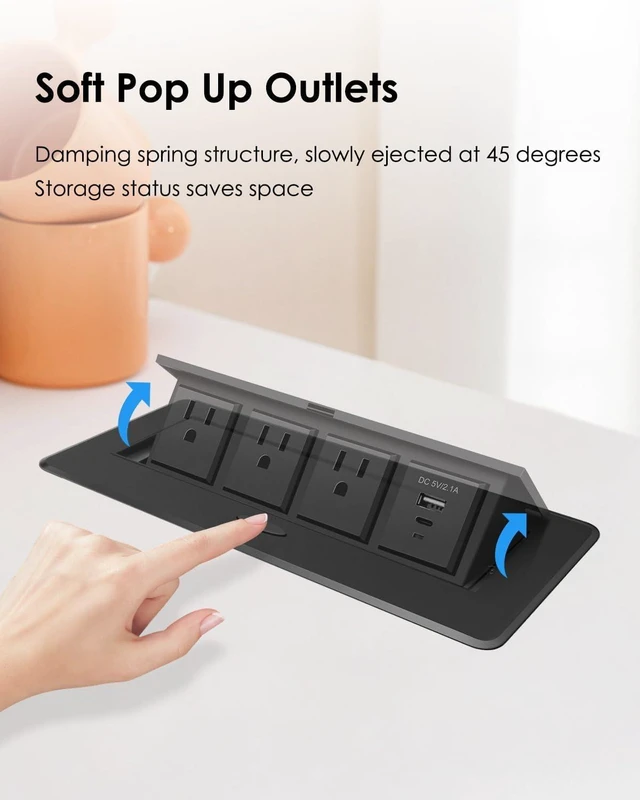 Alt view image 3 of 7 - Pop Up Conference Table Power Outlet with Type-C PD18W, USB A, 3 AC Outlets 45° Pop-Up Desktop Power Hub with PD18W Type-C, USB A & 3 AC Outlets for Office, Conference Room and Home Use