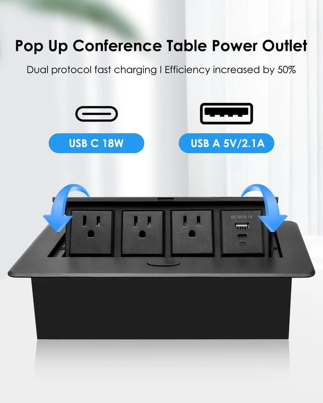 Alt view image 2 of 7 - Pop Up Conference Table Power Outlet with Type-C PD18W, USB A, 3 AC Outlets 45° Pop-Up Desktop Power Hub with PD18W Type-C, USB A & 3 AC Outlets for Office, Conference Room and Home Use