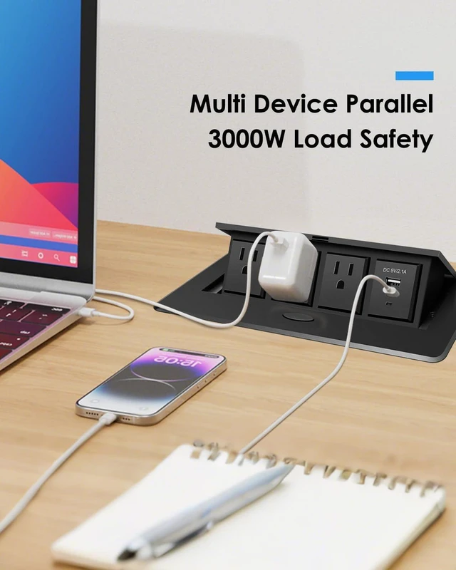 Alt view image 4 of 7 - Pop Up Conference Table Power Outlet with Type-C PD18W, USB A, 3 AC Outlets 45° Pop-Up Desktop Power Hub with PD18W Type-C, USB A & 3 AC Outlets for Office, Conference Room and Home Use