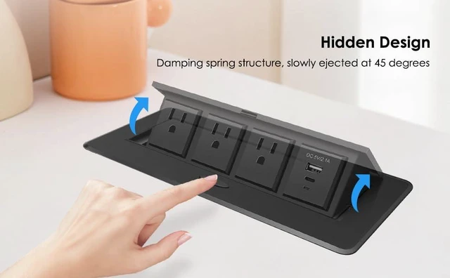 Alt view image 6 of 7 - Pop Up Conference Table Power Outlet with Type-C PD18W, USB A, 3 AC Outlets 45° Pop-Up Desktop Power Hub with PD18W Type-C, USB A & 3 AC Outlets for Office, Conference Room and Home Use