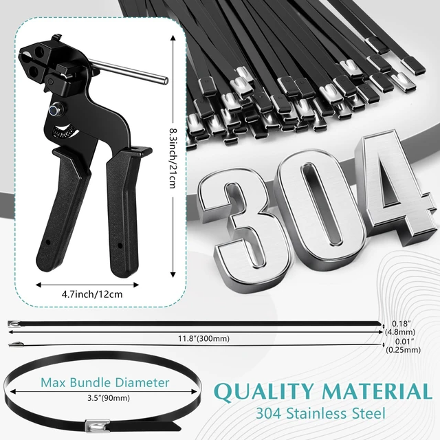 Alt view image 2 of 7 - 200 Pcs 11.8 Inch Stainless Steel Cable Tie Gun Set, Black Heavy Duty Metal Zip Tie, Wire Ties, Adjustable Fastening Cutting Tool, for Outdoor Exhaust Wrapping Fence Workshop