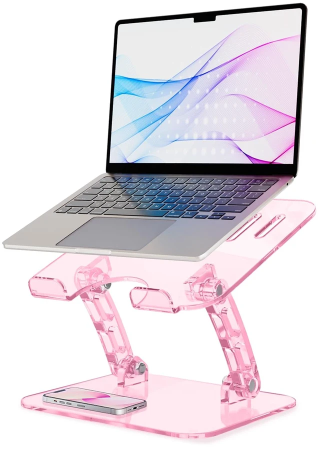 Main image of Pink Acrylic Laptop Stand for Desk,Adjustable Height Portable Foldable Clear Laptop Holder Riser,Compatible with Notebook MacBook Air Pro, Dell XPS, HP 10-17.3 inErgonomic Cute Computer Stand