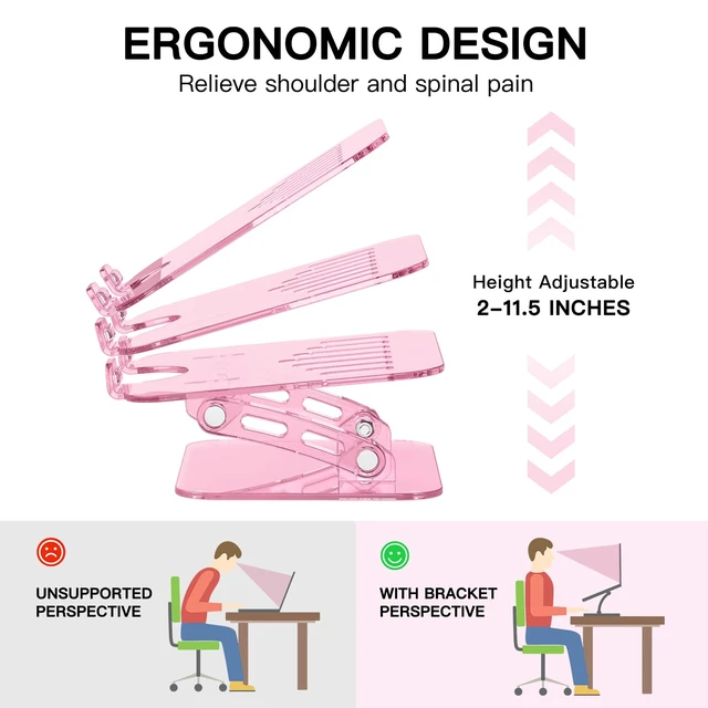 Alt view image 2 of 7 - Pink Acrylic Laptop Stand for Desk,Adjustable Height Portable Foldable Clear Laptop Holder Riser,Compatible with Notebook MacBook Air Pro, Dell XPS, HP 10-17.3 inErgonomic Cute Computer Stand