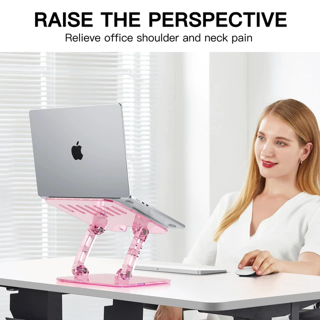 Alt view image 3 of 7 - Pink Acrylic Laptop Stand for Desk,Adjustable Height Portable Foldable Clear Laptop Holder Riser,Compatible with Notebook MacBook Air Pro, Dell XPS, HP 10-17.3 inErgonomic Cute Computer Stand