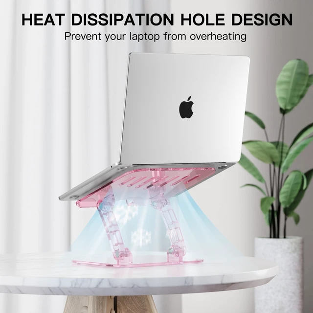 Alt view image 4 of 7 - Pink Acrylic Laptop Stand for Desk,Adjustable Height Portable Foldable Clear Laptop Holder Riser,Compatible with Notebook MacBook Air Pro, Dell XPS, HP 10-17.3 inErgonomic Cute Computer Stand