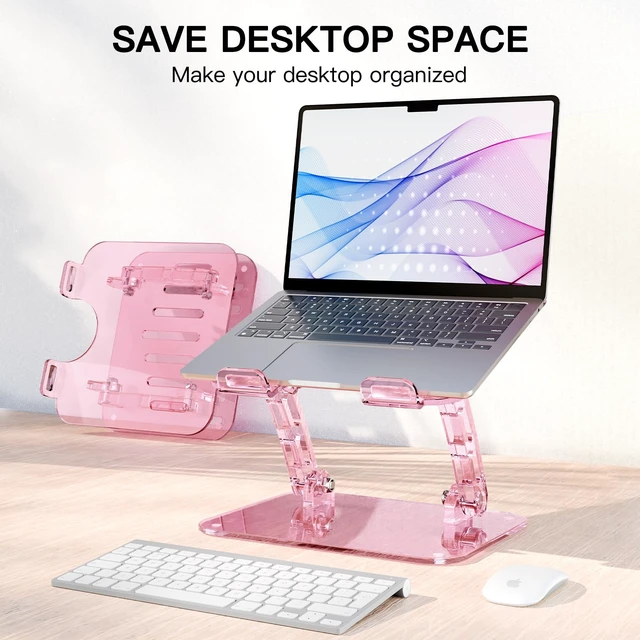 Alt view image 5 of 7 - Pink Acrylic Laptop Stand for Desk,Adjustable Height Portable Foldable Clear Laptop Holder Riser,Compatible with Notebook MacBook Air Pro, Dell XPS, HP 10-17.3 inErgonomic Cute Computer Stand