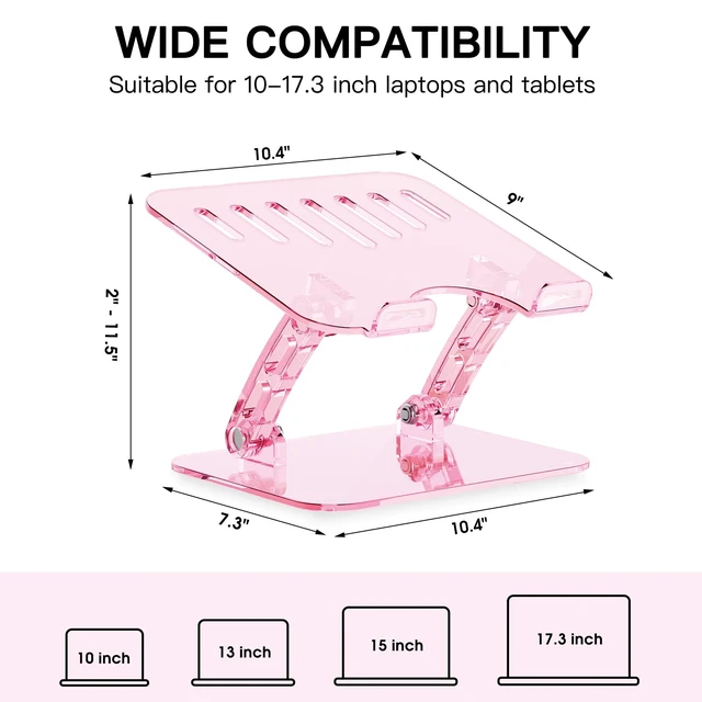 Alt view image 6 of 7 - Pink Acrylic Laptop Stand for Desk,Adjustable Height Portable Foldable Clear Laptop Holder Riser,Compatible with Notebook MacBook Air Pro, Dell XPS, HP 10-17.3 inErgonomic Cute Computer Stand