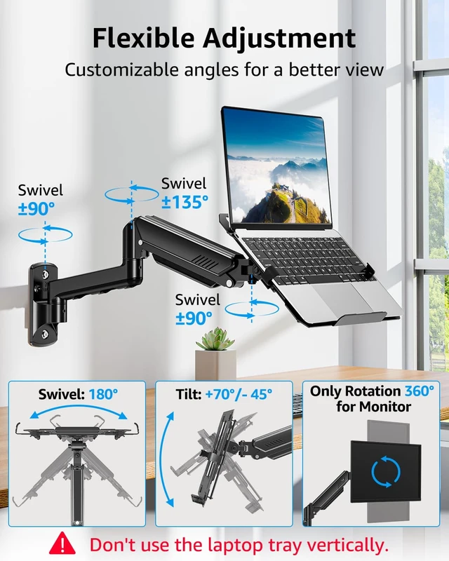 Alt view image 3 of 7 - Laptop Wall Mount, Adjustable Laptop Mount for Max 17" Notebook or Max 32" Monitor, Wall Mount Laptop Holder Holds 4.4-22lbs, 2-in-1 Laptop Arm with Ventilated Tray