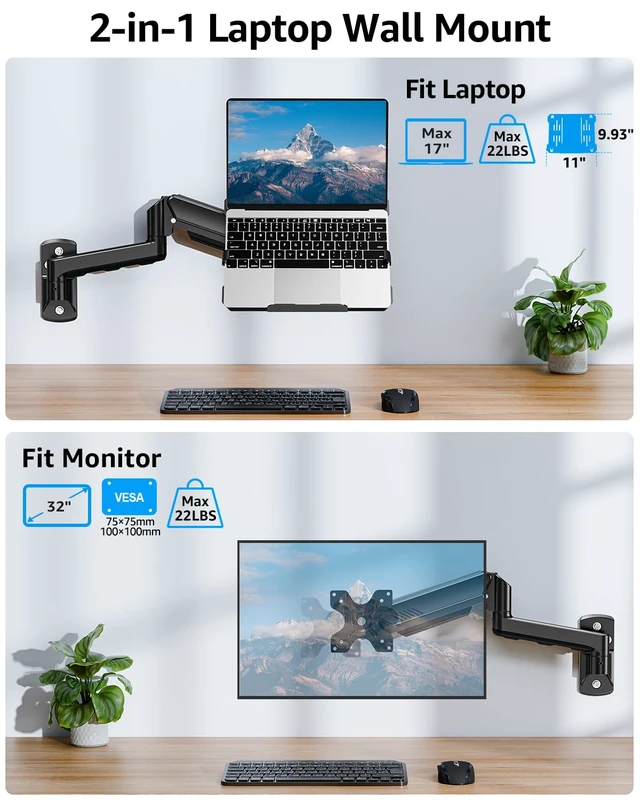Alt view image 2 of 7 - Laptop Wall Mount, Adjustable Laptop Mount for Max 17" Notebook or Max 32" Monitor, Wall Mount Laptop Holder Holds 4.4-22lbs, 2-in-1 Laptop Arm with Ventilated Tray