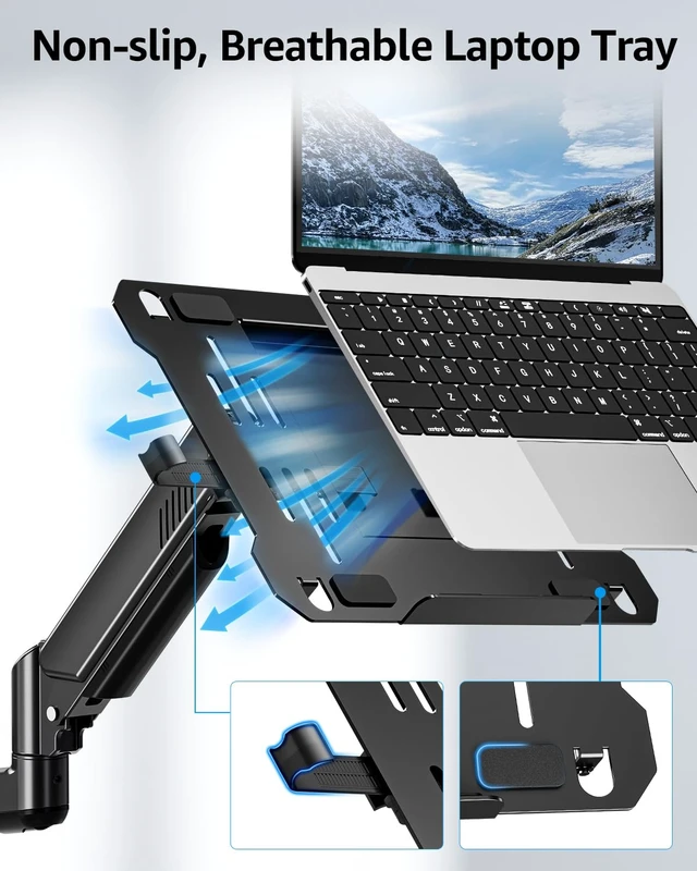 Alt view image 5 of 7 - Laptop Wall Mount, Adjustable Laptop Mount for Max 17" Notebook or Max 32" Monitor, Wall Mount Laptop Holder Holds 4.4-22lbs, 2-in-1 Laptop Arm with Ventilated Tray