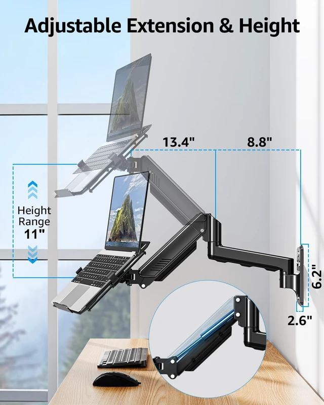 Alt view image 4 of 7 - Laptop Wall Mount, Adjustable Laptop Mount for Max 17" Notebook or Max 32" Monitor, Wall Mount Laptop Holder Holds 4.4-22lbs, 2-in-1 Laptop Arm with Ventilated Tray