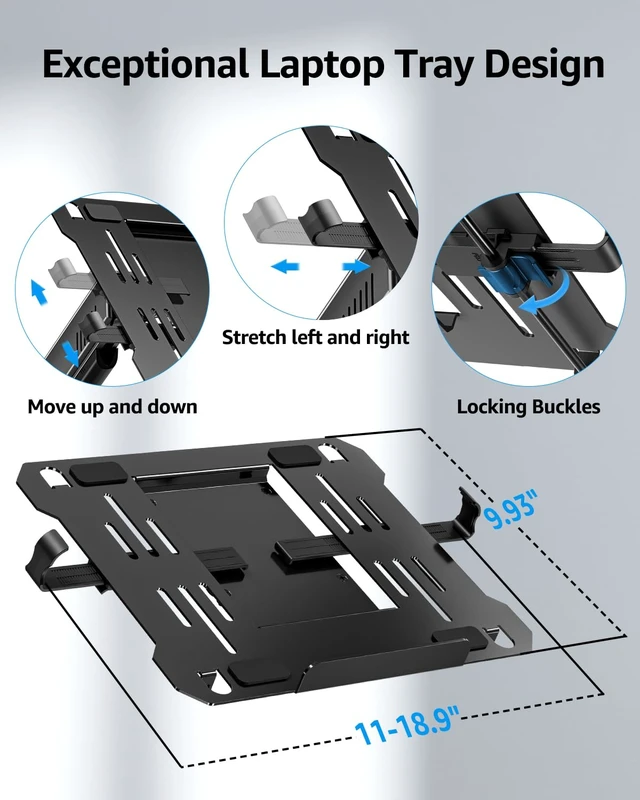 Alt view image 6 of 7 - Laptop Wall Mount, Adjustable Laptop Mount for Max 17" Notebook or Max 32" Monitor, Wall Mount Laptop Holder Holds 4.4-22lbs, 2-in-1 Laptop Arm with Ventilated Tray