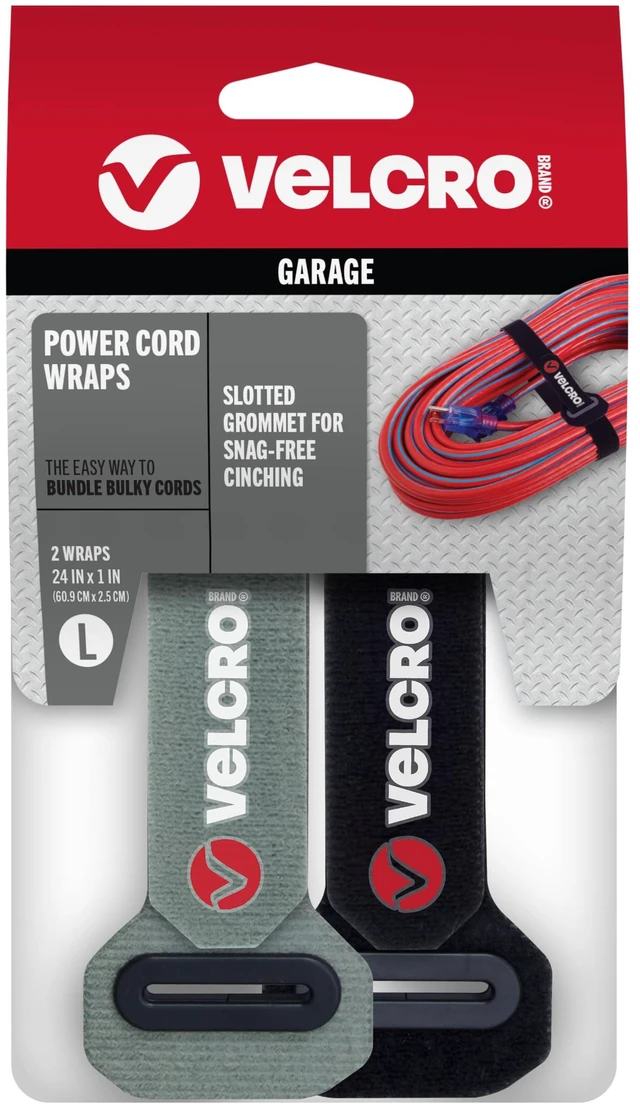 Main image of Power Cord Wraps, Slotted Grommet, 24 Inch, 2 Pack Heavy Duty Straps For Extension Cords; Snag-Free Cinching For Garage, RV, Workshop Organization and Storage; Black and Gray