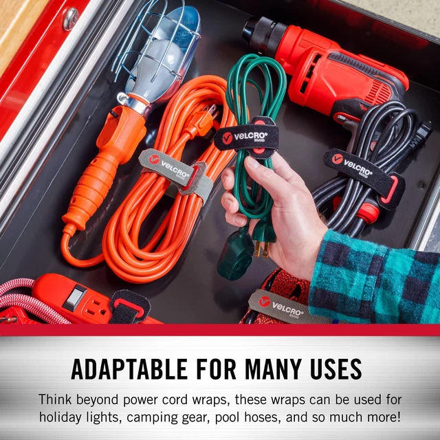 Alt view image 5 of 7 - Power Cord Wraps, Slotted Grommet, 24 Inch, 2 Pack Heavy Duty Straps For Extension Cords; Snag-Free Cinching For Garage, RV, Workshop Organization and Storage; Black and Gray