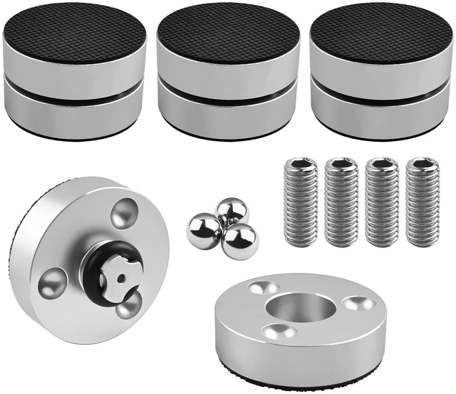 Main image of HiFi Audio Isolation Feet for Turntable 4 Packs Silver Dual-layer Aluminum Alloy with 3-Ball Bearings, Non-slip Rubber Rings, Pad and M8 Screws, 39mmx24mm, for Subwoofers, Speakers