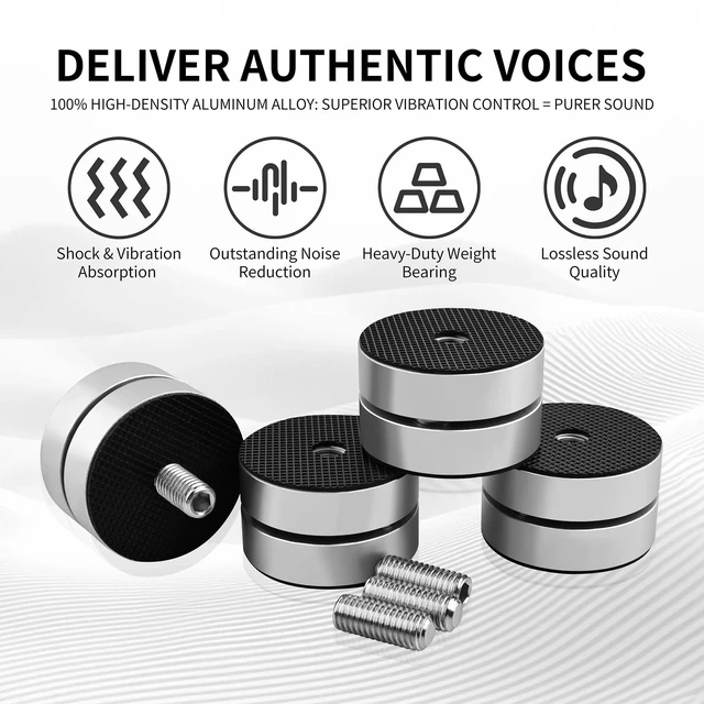 Alt view image 2 of 6 - HiFi Audio Isolation Feet for Turntable 4 Packs Silver Dual-layer Aluminum Alloy with 3-Ball Bearings, Non-slip Rubber Rings, Pad and M8 Screws, 39mmx24mm, for Subwoofers, Speakers