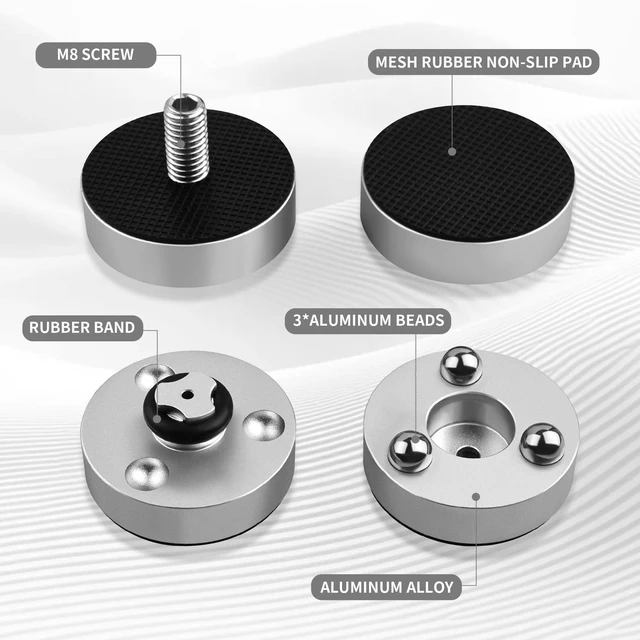 Alt view image 4 of 6 - HiFi Audio Isolation Feet for Turntable 4 Packs Silver Dual-layer Aluminum Alloy with 3-Ball Bearings, Non-slip Rubber Rings, Pad and M8 Screws, 39mmx24mm, for Subwoofers, Speakers