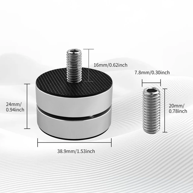 Alt view image 5 of 6 - HiFi Audio Isolation Feet for Turntable 4 Packs Silver Dual-layer Aluminum Alloy with 3-Ball Bearings, Non-slip Rubber Rings, Pad and M8 Screws, 39mmx24mm, for Subwoofers, Speakers