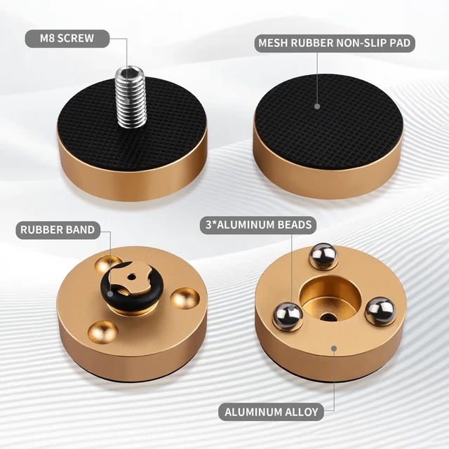Alt view image 4 of 6 - HiFi Audio Isolation Feet for Turntable 4 Packs Gold Dual-layer Aluminum Alloy with 3-Ball Bearings, Non-slip Rubber Rings, Pad and M8 Screws, 39mmx24mm, for Subwoofers, Speakers