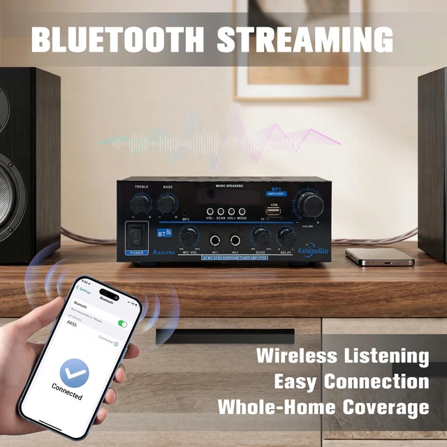 Alt view image 2 of 7 - KG AK55 PRO Home Audio Amplifier Receiver Dual-Channel (Max 500W / RMS 25W x 2) Stereo Amplifier, Bluetooth 5.0 Speaker Amp, Supports FM Radio/USB/SD Card Playback, Includes Remote Control