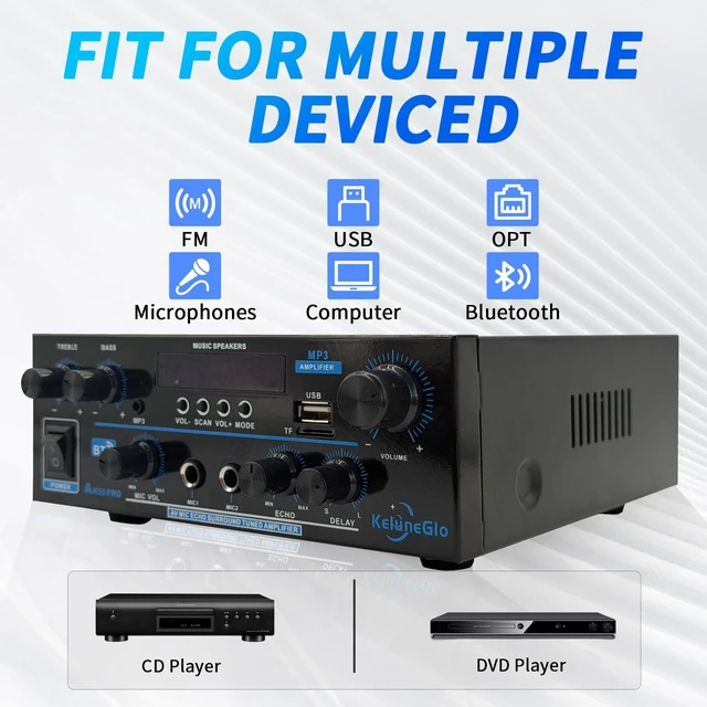 Alt view image 3 of 7 - KG AK55 PRO Home Audio Amplifier Receiver Dual-Channel (Max 500W / RMS 25W x 2) Stereo Amplifier, Bluetooth 5.0 Speaker Amp, Supports FM Radio/USB/SD Card Playback, Includes Remote Control