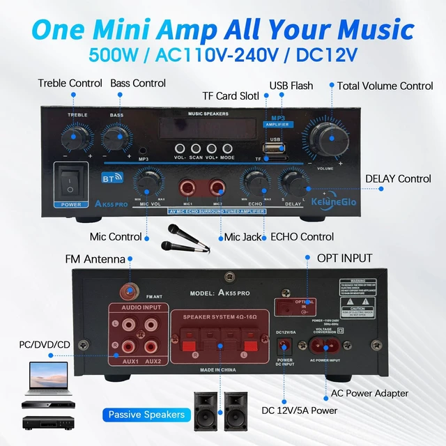 Alt view image 5 of 7 - KG AK55 PRO Home Audio Amplifier Receiver Dual-Channel (Max 500W / RMS 25W x 2) Stereo Amplifier, Bluetooth 5.0 Speaker Amp, Supports FM Radio/USB/SD Card Playback, Includes Remote Control
