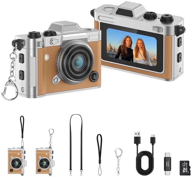 Main image of Retro Vintage Digital Camera, Mini Pocket Keychain 2K, Brown 20MP retro digicam, 1.47 IPS screen. Zinc alloy leather build. EDC travel vlog ready. OTG Android, 32GB TF card with filters
