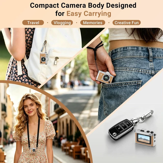 Alt view image 3 of 7 - Retro Vintage Digital Camera, Mini Pocket Keychain 2K, Brown 20MP retro digicam, 1.47 IPS screen. Zinc alloy leather build. EDC travel vlog ready. OTG Android, 32GB TF card with filters