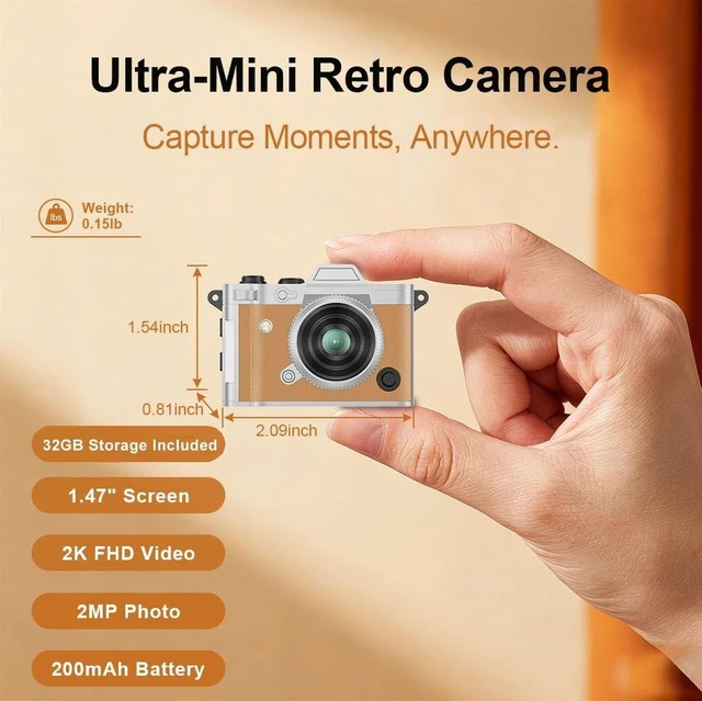 Alt view image 4 of 7 - Retro Vintage Digital Camera, Mini Pocket Keychain 2K, Brown 20MP retro digicam, 1.47 IPS screen. Zinc alloy leather build. EDC travel vlog ready. OTG Android, 32GB TF card with filters