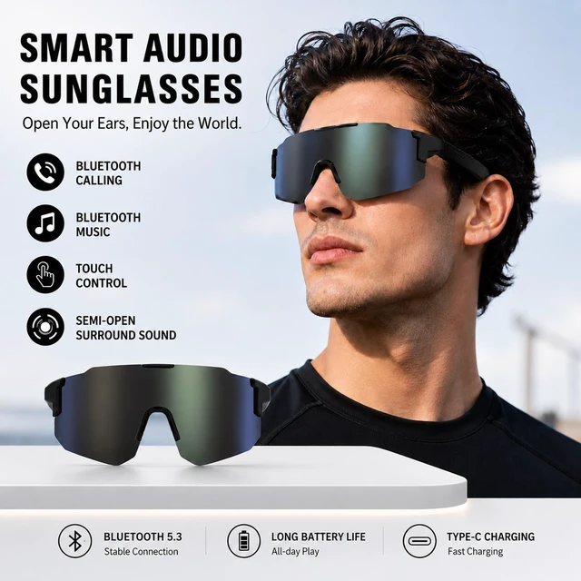 Alt view image 2 of 7 - Bluetooth Audio Smart Sports Sunglasses for Cycling Running Driving Fishing, Open-Ear Music, Hands-Free Calls, Touch Control, Voice Wake-Up and Remote Camera Control