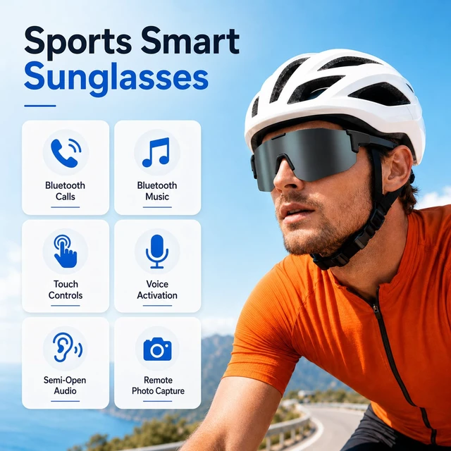 Alt view image 3 of 7 - Bluetooth Audio Smart Sports Sunglasses for Cycling Running Driving Fishing, Open-Ear Music, Hands-Free Calls, Touch Control, Voice Wake-Up and Remote Camera Control