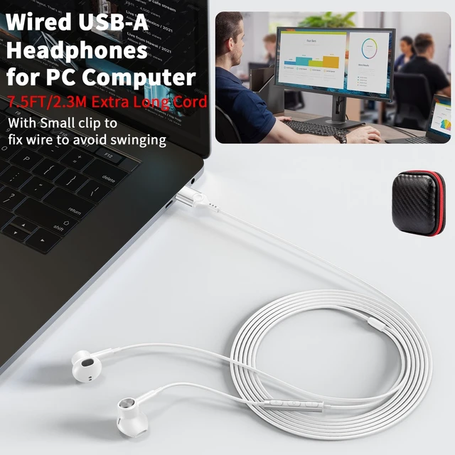 Alt view image 3 of 7 - USB Earbuds Wired with Microphone for PC,USB-A Headset for Computer Wired USB Headsphones with Mic/7.5ft long Cord,Magnetic Corded Headset for HP/Dell Laptop Home Office Zoom School,White