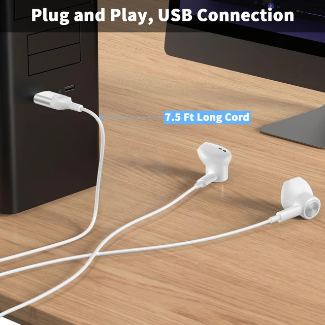 Alt view image 4 of 7 - USB Earbuds Wired with Microphone for PC,USB-A Headset for Computer Wired USB Headsphones with Mic/7.5ft long Cord,Magnetic Corded Headset for HP/Dell Laptop Home Office Zoom School,White