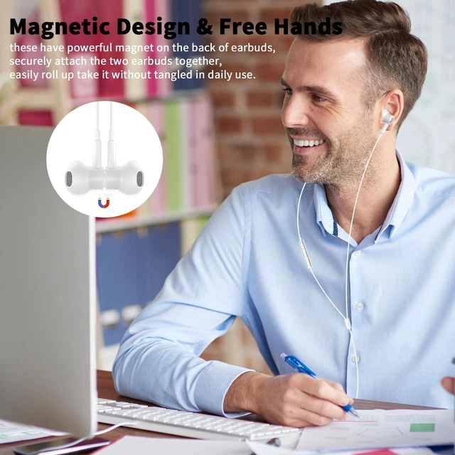 Alt view image 5 of 7 - USB Earbuds Wired with Microphone for PC,USB-A Headset for Computer Wired USB Headsphones with Mic/7.5ft long Cord,Magnetic Corded Headset for HP/Dell Laptop Home Office Zoom School,White