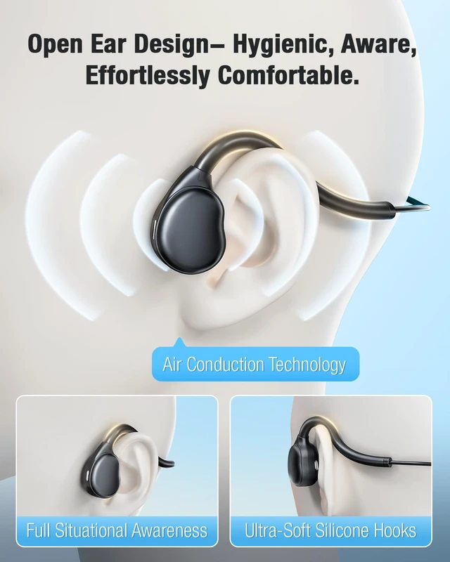 Alt view image 2 of 7 - Open Ear Headphones with Microphone Detachable, Crystal Cable, 3.5mm + USB Wired Audio Control- Black