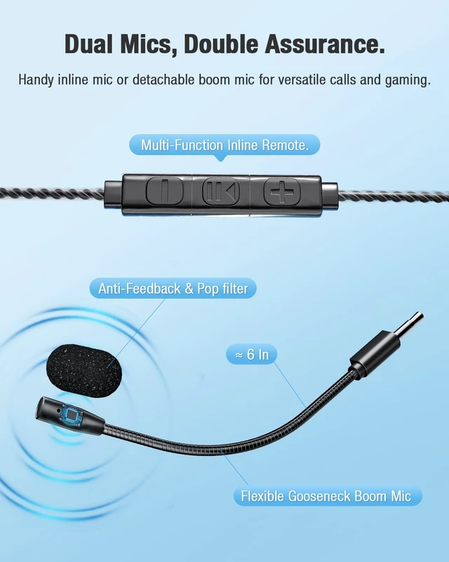 Alt view image 6 of 7 - Open Ear Headphones with Microphone Detachable, Crystal Cable, 3.5mm + USB Wired Audio Control- Black