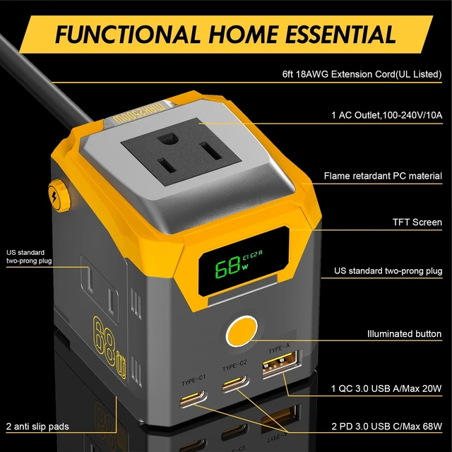 Alt view image 3 of 7 - 68W GaN Multi Charging Station, Desk Power Strip with TFT Display, Desktop Power Hub 2 PD USB C, 1 AC Outlet, 1 USB A Ports, 2 NEMA 1-15 Plugs, Control Switch, 6FT Cord UL Listed, Cube Size