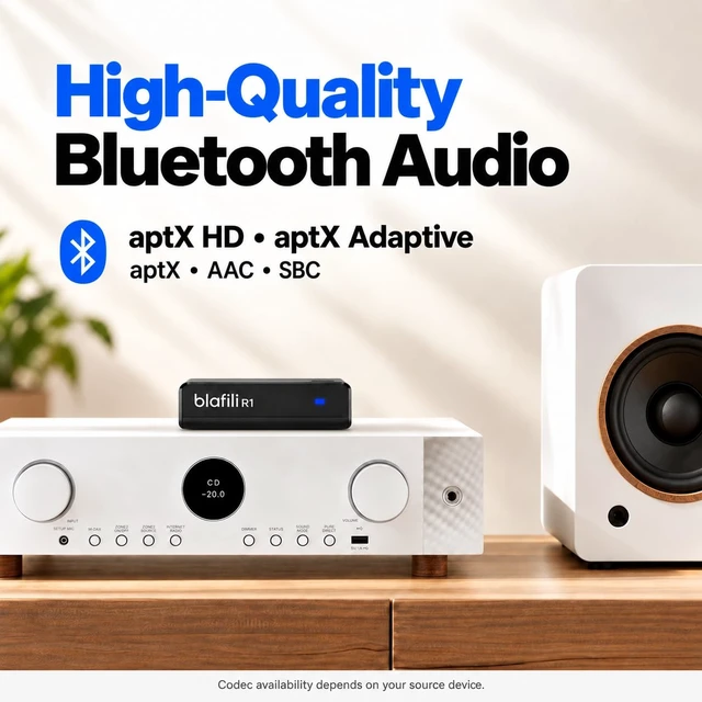 Alt view image 3 of 7 - R1 Bluetooth Receiver for Home Stereo, RCA Out & USB-C Power/Audio Input No-Beep Pairing, aptX Adaptive/HD, for Amps & Powered Speakers, Always-On USB Power, Upgrade Older Stereo Systems