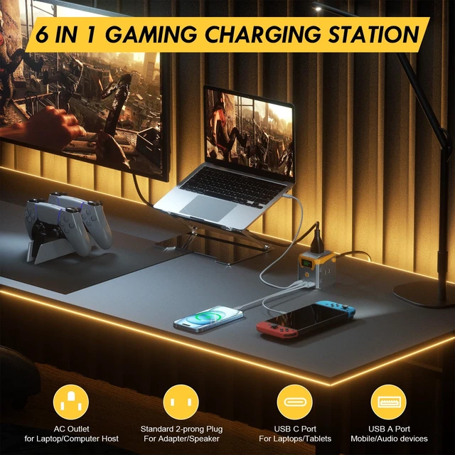 Alt view image 7 of 7 - 68W GaN Multi Charging Station, Desk Power Strip with TFT Display, Desktop Power Hub 2 PD USB C, 1 AC Outlet, 1 USB A Ports, 2 NEMA 1-15 Plugs, Control Switch, 6FT Cord UL Listed, Cube Size