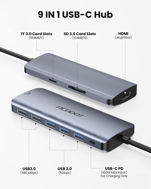 Alt view image 2 of 7 - 9-in-1 USB C Hub Multiport Adapter, 4K@60Hz USBC to HDMI Splitter 100W Max PD, 5 USB Data Ports (3×5Gbps + 2×USB 2.0), SD/TF Card Reader, for Laptops/Mac and Other Type C Devices(Light Grey)