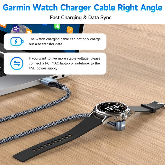 Alt view image 2 of 7 - Garmin Watch Charger Cable Right Angle Fast Charging Nylon Braided 4ft For Fenix 5/5S/5X/6/6S/6X/Plus/Pro/7/7S/7X/8, Forerunner 945/45/45S/245, Approach S10/S40/S60/G12/S42, Vívoactive 3/4/4S