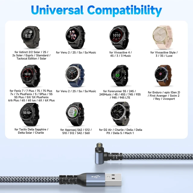 Alt view image 7 of 7 - Garmin Watch Charger Cable Right Angle Fast Charging Nylon Braided 4ft For Fenix 5/5S/5X/6/6S/6X/Plus/Pro/7/7S/7X/8, Forerunner 945/45/45S/245, Approach S10/S40/S60/G12/S42, Vívoactive 3/4/4S