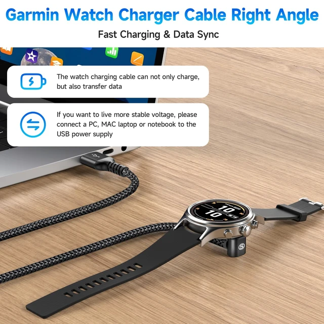 Alt view image 2 of 7 - Garmin Watch Charger Cable Right Angle Fast Charging Braided 2-Pack 4ft For Fenix 5/5S/5X/6/6S/6X/Plus/Pro/7/7S/7X/8, Forerunner 945/45/45S/245, Approach S10/S40/S60/G12/S42, Vívoactive 3/4/4S