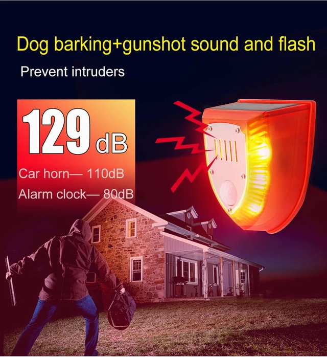 Alt view image 6 of 7 - 2 Pack Solar Security Alarm Lights, 129dB Gunshot Sounds & Dog Barking Sound & Light Strobe Light Warning Lamp for Outdoor Farm Barn, Villa Yard