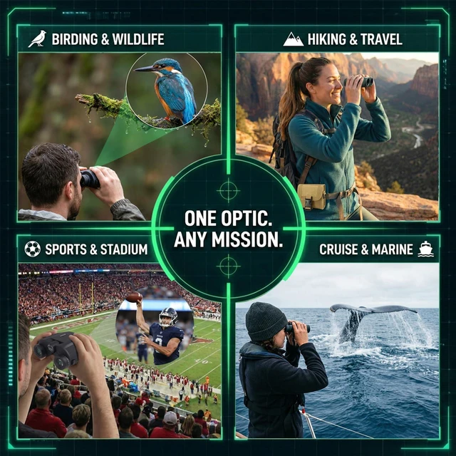Alt view image 5 of 7 - 12x25 Compact Binoculars for Adults Travel BAK4 FMC Lightweight 9.2 oz pocket binoculars with 600D carry pouch-Phone Adapter and Wide Strap for cruise, hiking, bird watching