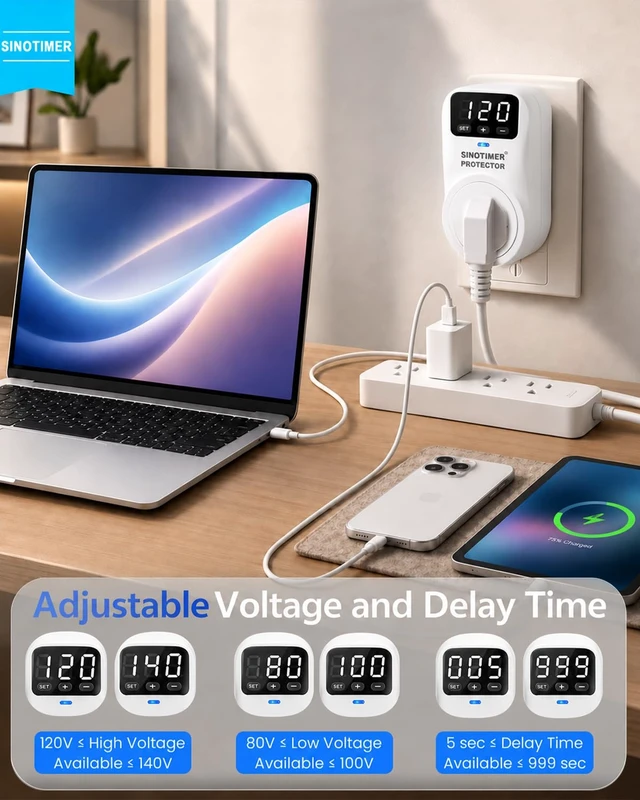 Alt view image 6 of 7 - Adjustable Refrigerator Voltage Protector, LED Display Overvoltage and Undervoltage Protection 120VAC, 15A Single Outlet Digital Surge Socket Protector for Home Appliance with Delay Circuit