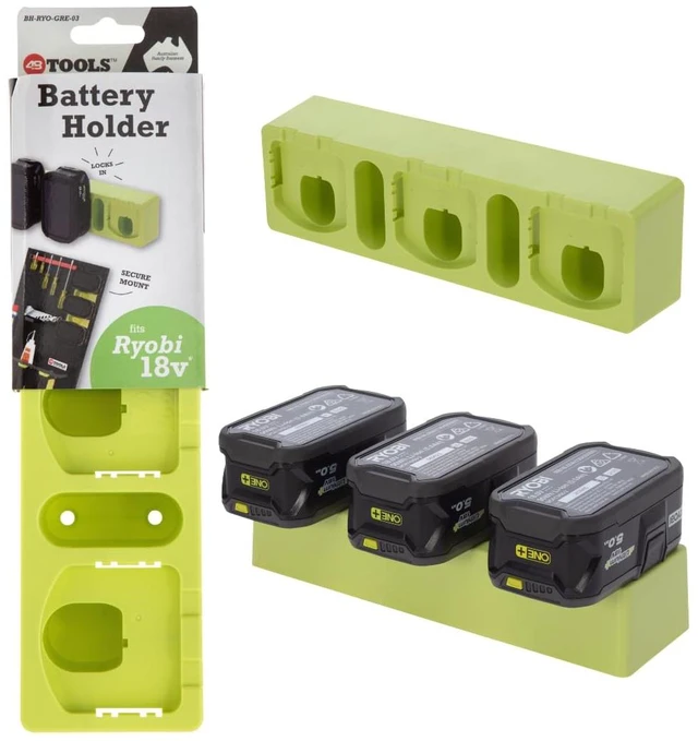 Main image of 3-Battery Holder Compatible with Ryobi ONE+ 18V Batteries, Green Organize up to 3 compatible Ryobi ONE+ 18V batteries with secure locking, flexible mounting and durable ABS construction