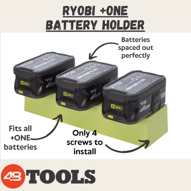 Alt view image 2 of 7 - 3-Battery Holder Compatible with Ryobi ONE+ 18V Batteries, Green Organize up to 3 compatible Ryobi ONE+ 18V batteries with secure locking, flexible mounting and durable ABS construction