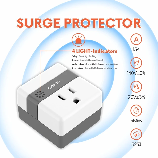 Alt view image 3 of 7 - Single Outlet Surge Protector, Voltage Protector for Refrigerator, Air Conditioner & Home Appliances, 120V 15A 1800W Wall Plug, Over & Under Voltage Protection with LED Indicator